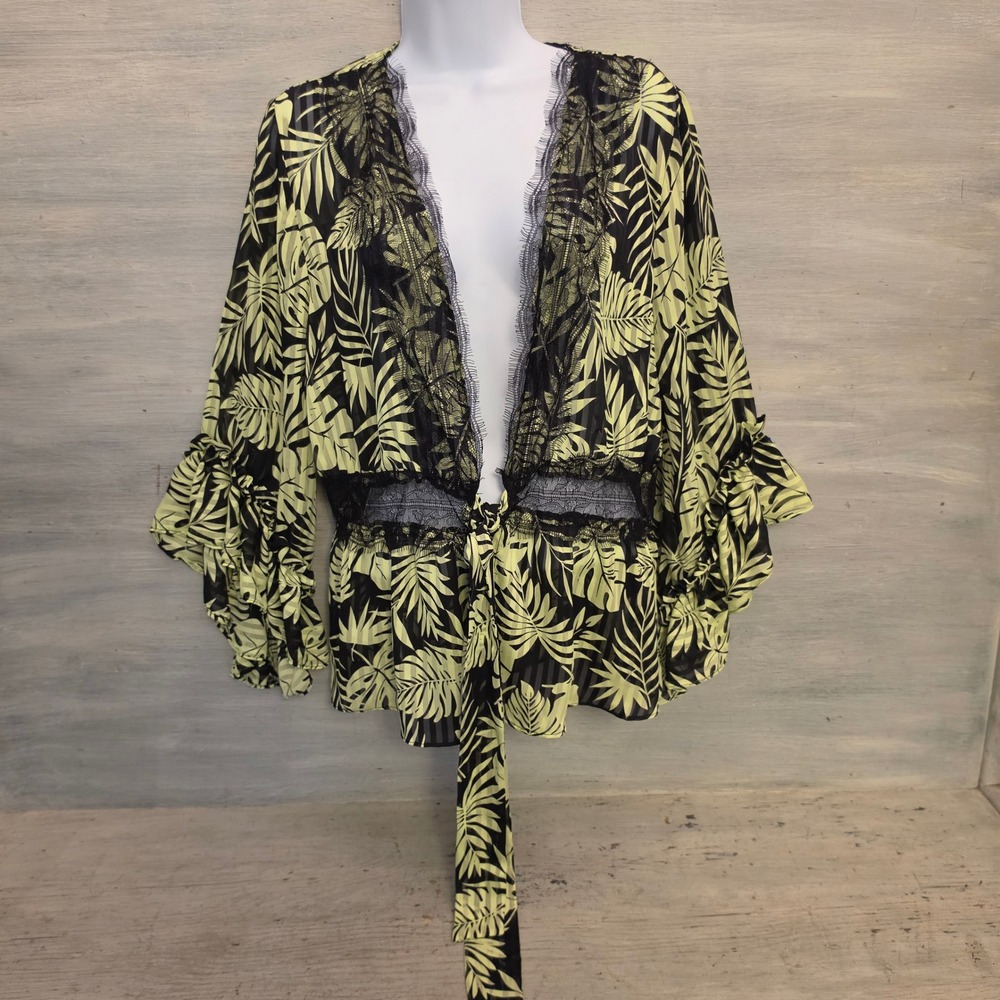 Cato Tropical Leaf Print Dramatic Vneck Sheer Striped Tie Front Blouse Large GC